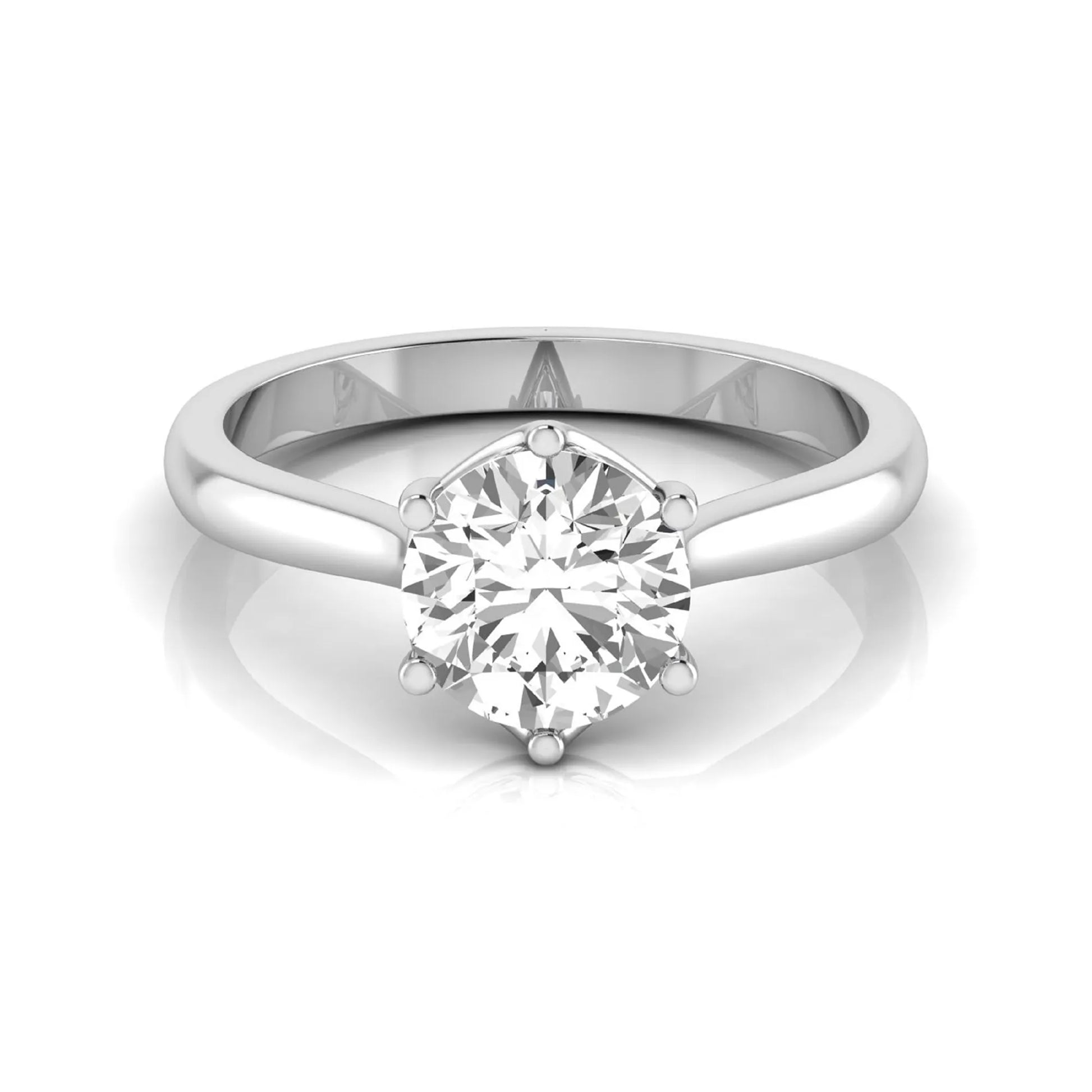 Round cut lab grown diamond solitaire engagement ring featuring an IGI certified center diamond in a classic six-prong cathedral setting in white gold