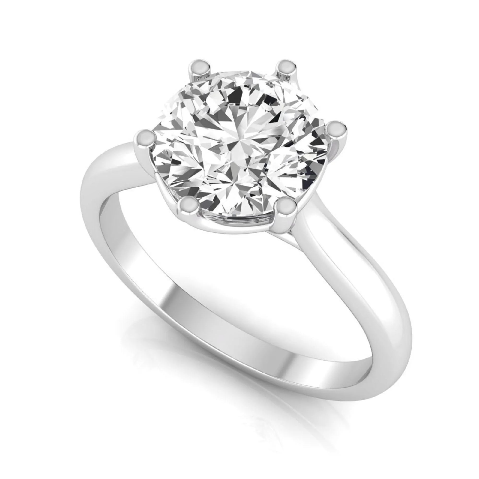 Round cut lab grown diamond solitaire engagement ring featuring an IGI certified center diamond in a classic six-prong cathedral setting in white gold