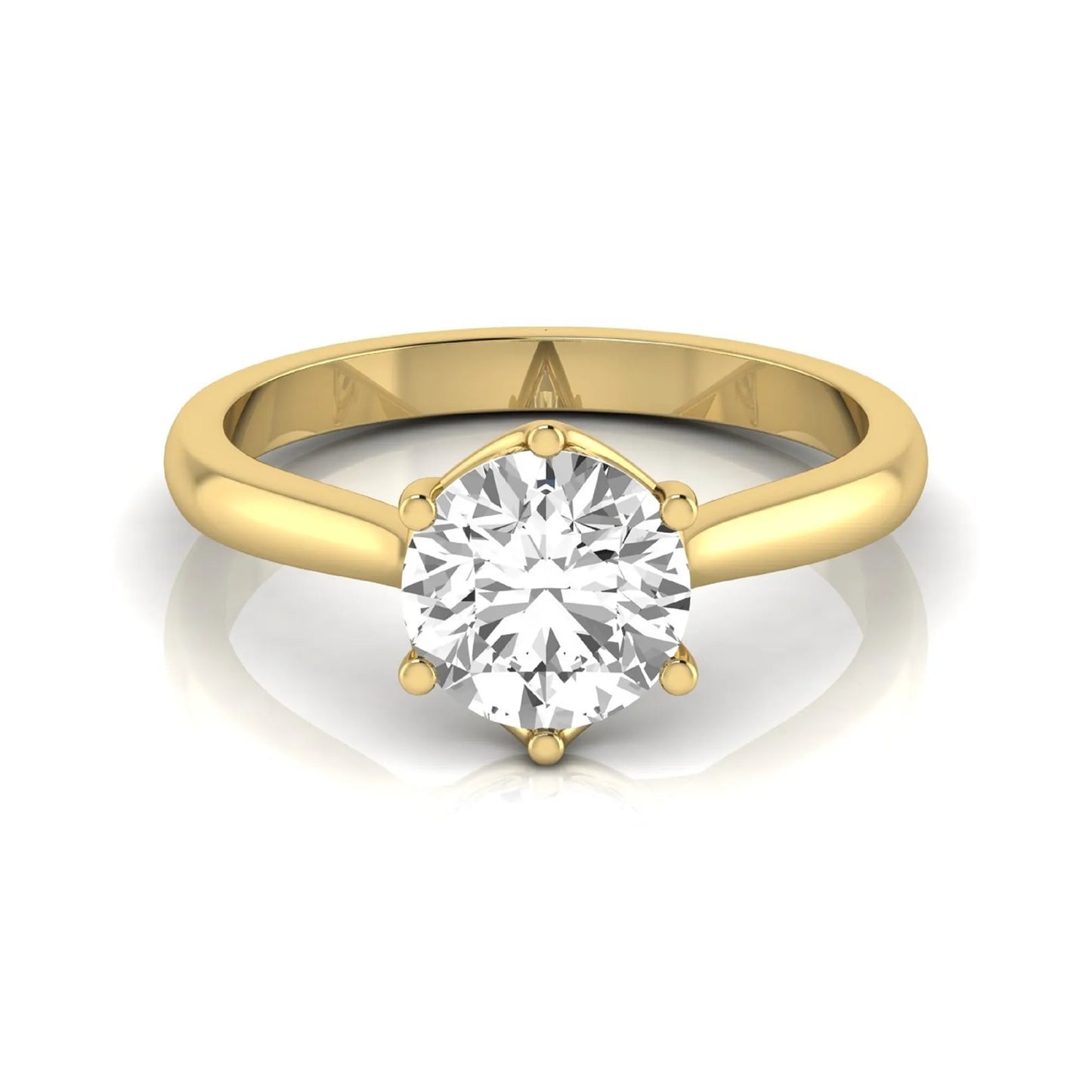 Round cut lab grown diamond solitaire engagement ring featuring an IGI certified center diamond in a classic six-prong cathedral setting in yellow gold