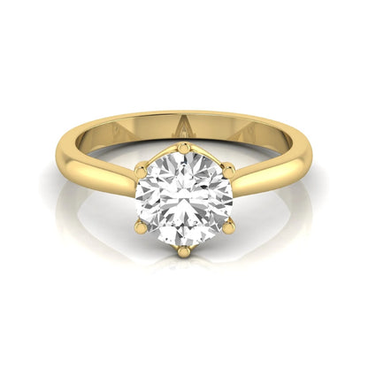 Round cut lab grown diamond solitaire engagement ring featuring an IGI certified center diamond in a classic six-prong cathedral setting in yellow gold