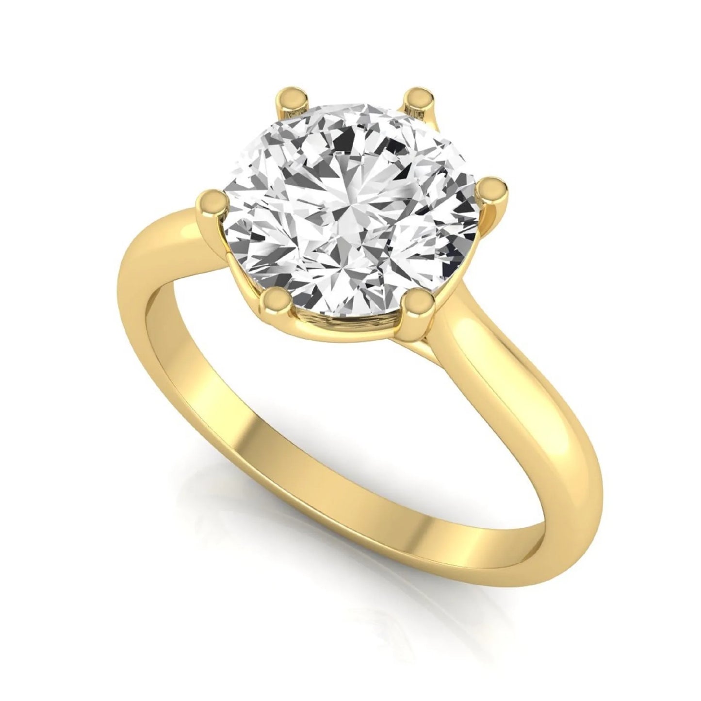 Round cut lab grown diamond solitaire engagement ring featuring an IGI certified center diamond in a classic six-prong cathedral setting in yellow gold