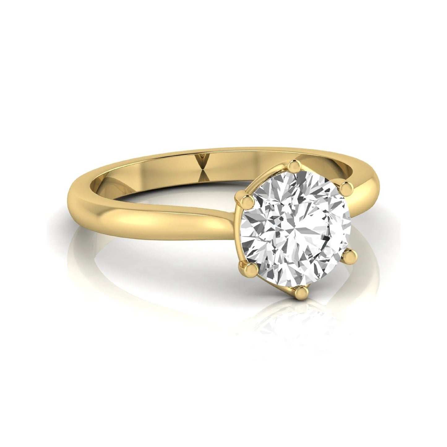 Round cut lab grown diamond solitaire engagement ring featuring an IGI certified center diamond in a classic six-prong cathedral setting in yellow gold