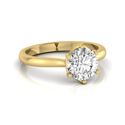 Round cut lab grown diamond solitaire engagement ring featuring an IGI certified center diamond in a classic six-prong cathedral setting in yellow gold