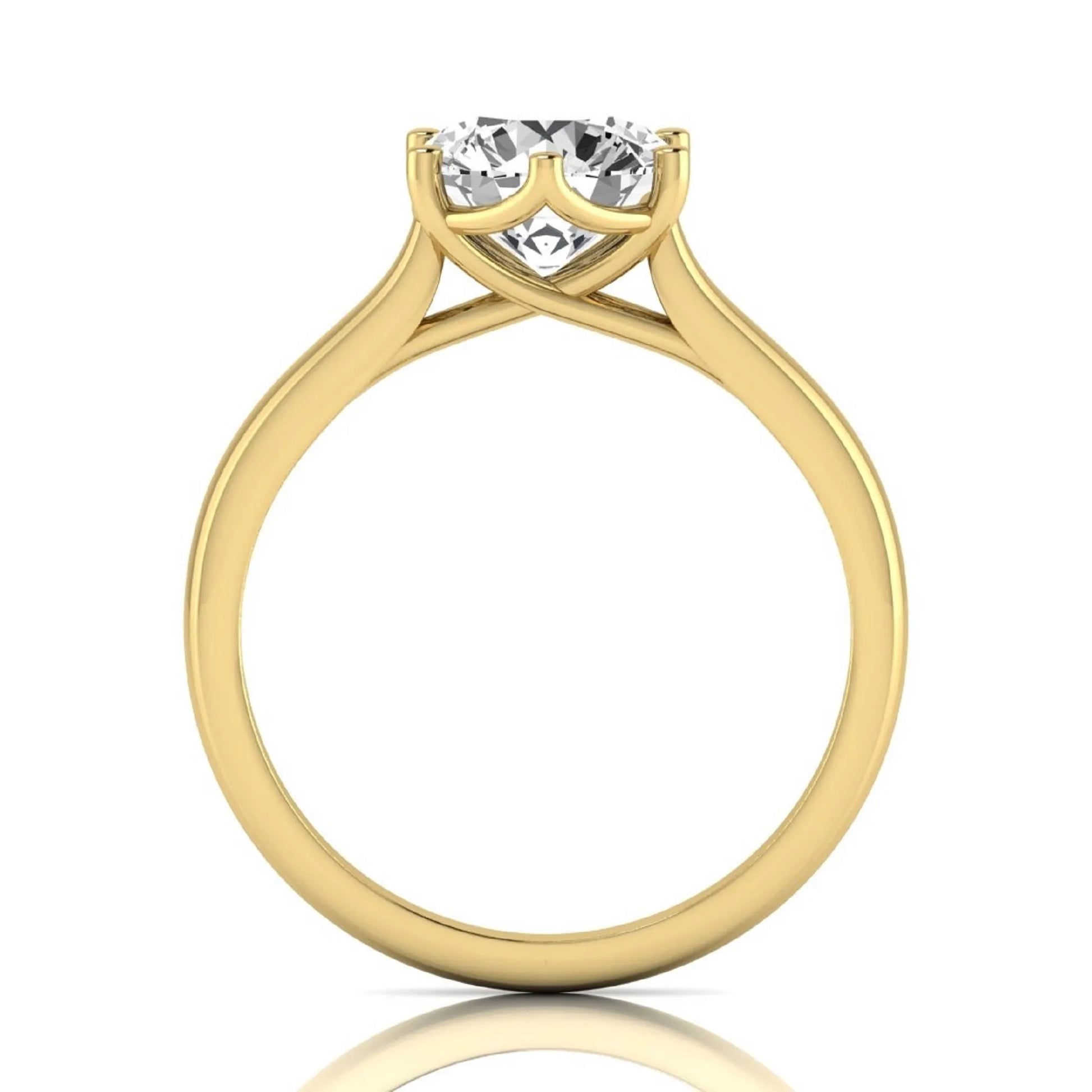 Round cut lab grown diamond solitaire engagement ring featuring an IGI certified center diamond in a classic six-prong cathedral setting in yellow gold