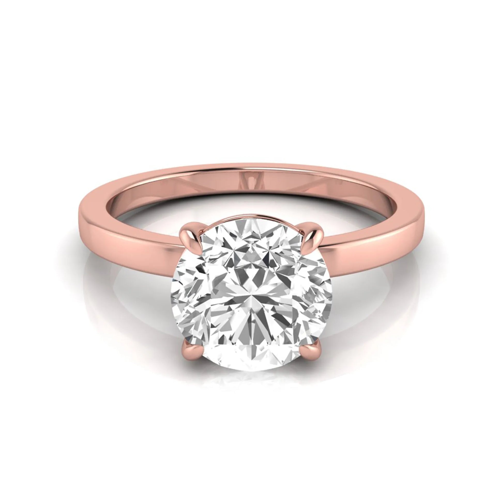 Round solitaire lab grown diamond engagement ring featuring a 2.07 carat IGI certified round brilliant diamond in a classic four-prong setting in rose gold