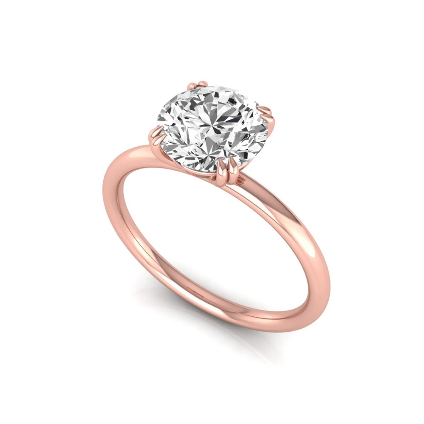Round cut lab grown diamond solitaire engagement ring with six-prong setting in rose gold style.