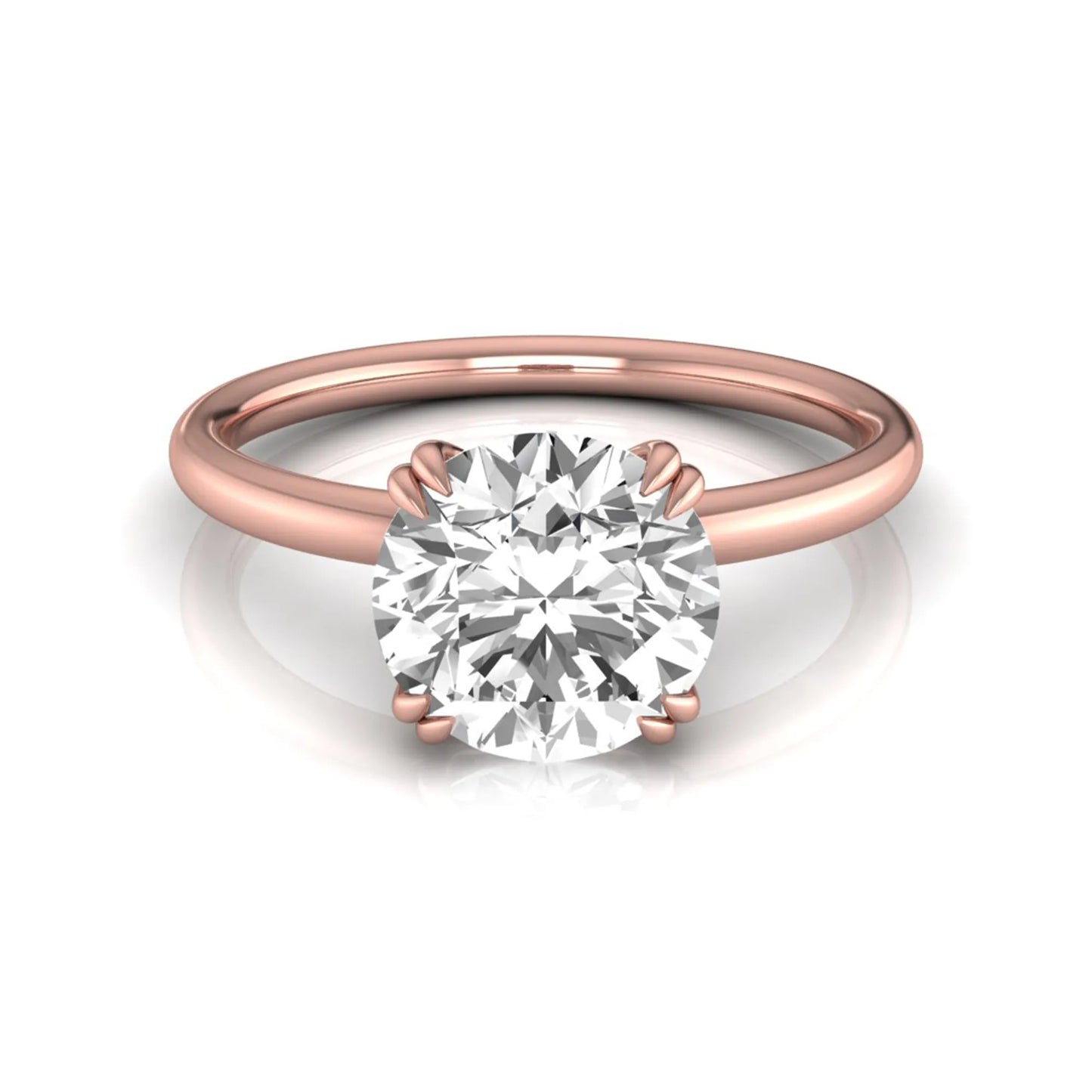 Round cut lab grown diamond solitaire engagement ring with six-prong setting in rose gold style.