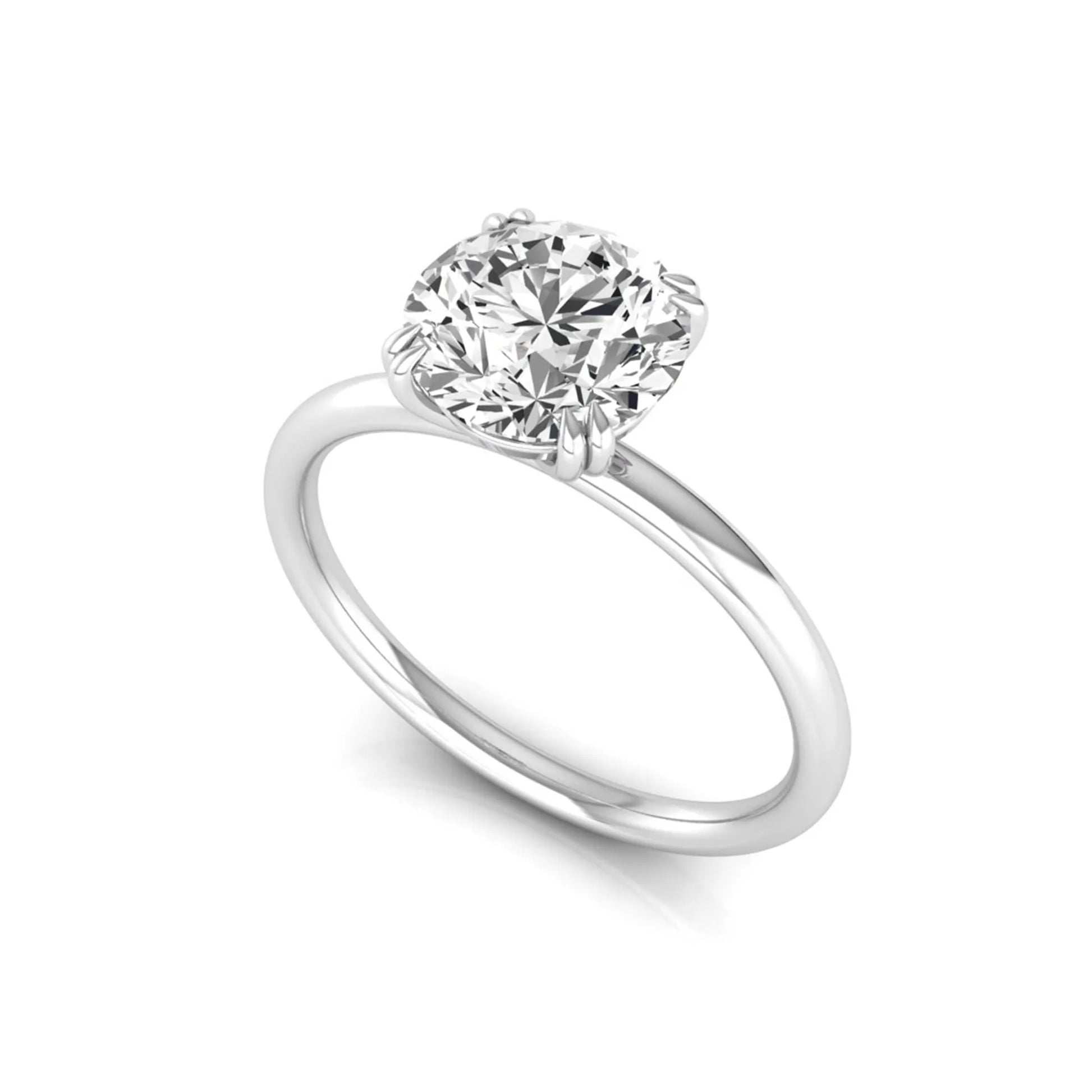 Round cut lab grown diamond solitaire engagement ring with six-prong setting in white gold style.