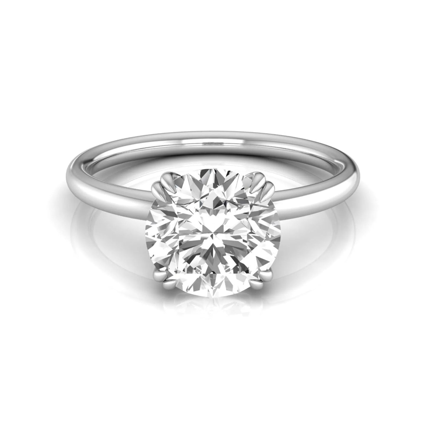 Round cut lab grown diamond solitaire engagement ring with six-prong setting in white gold style.