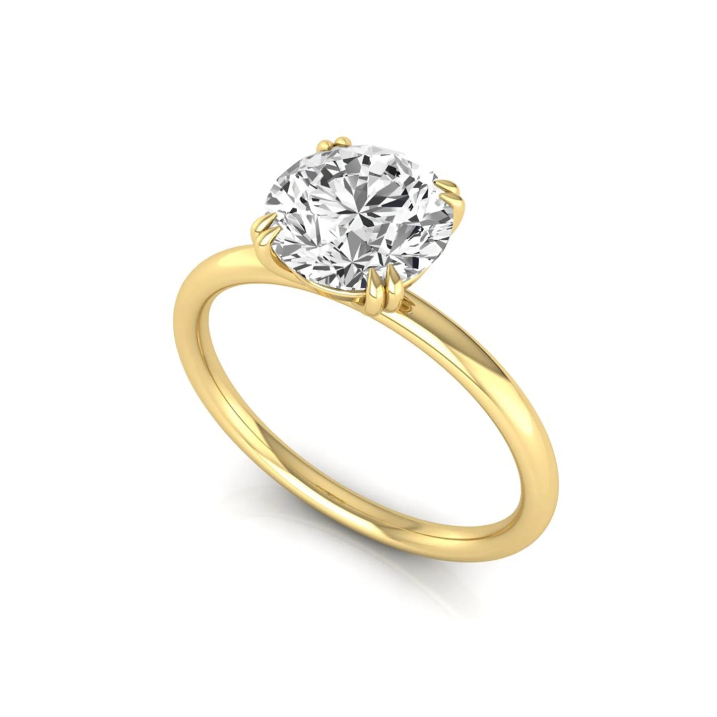 Round cut lab grown diamond solitaire engagement ring with six-prong setting in yellow gold style.