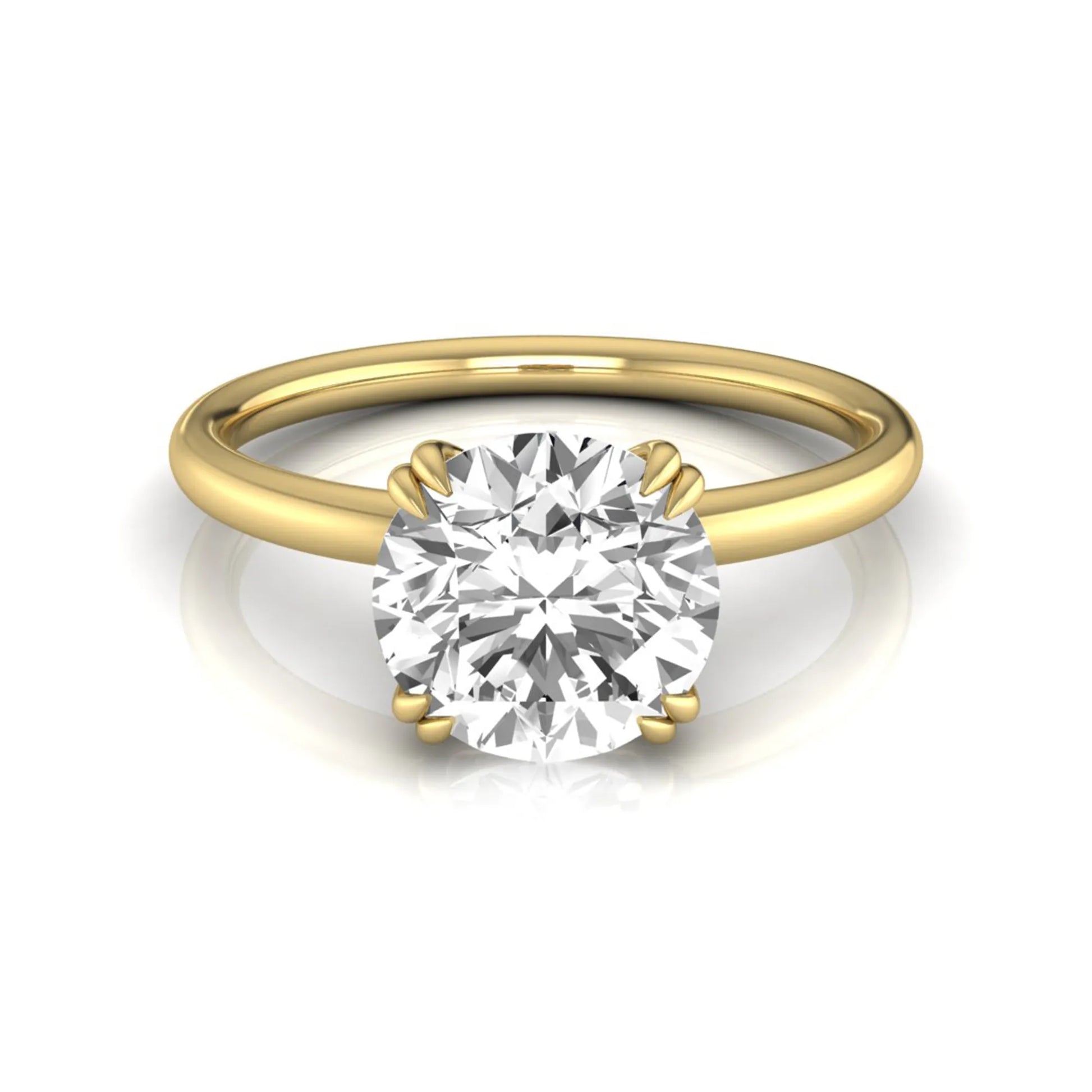 Round cut lab grown diamond solitaire engagement ring with six-prong setting in yellow gold style.