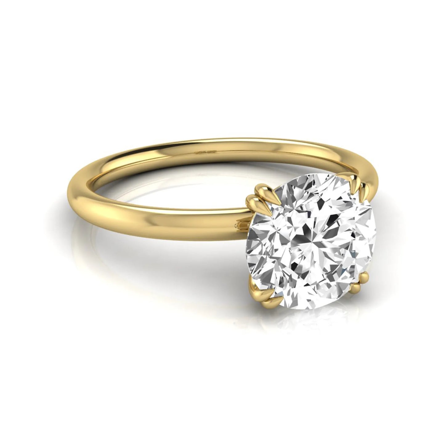 Round cut lab grown diamond solitaire engagement ring with six-prong setting in yellow gold style.