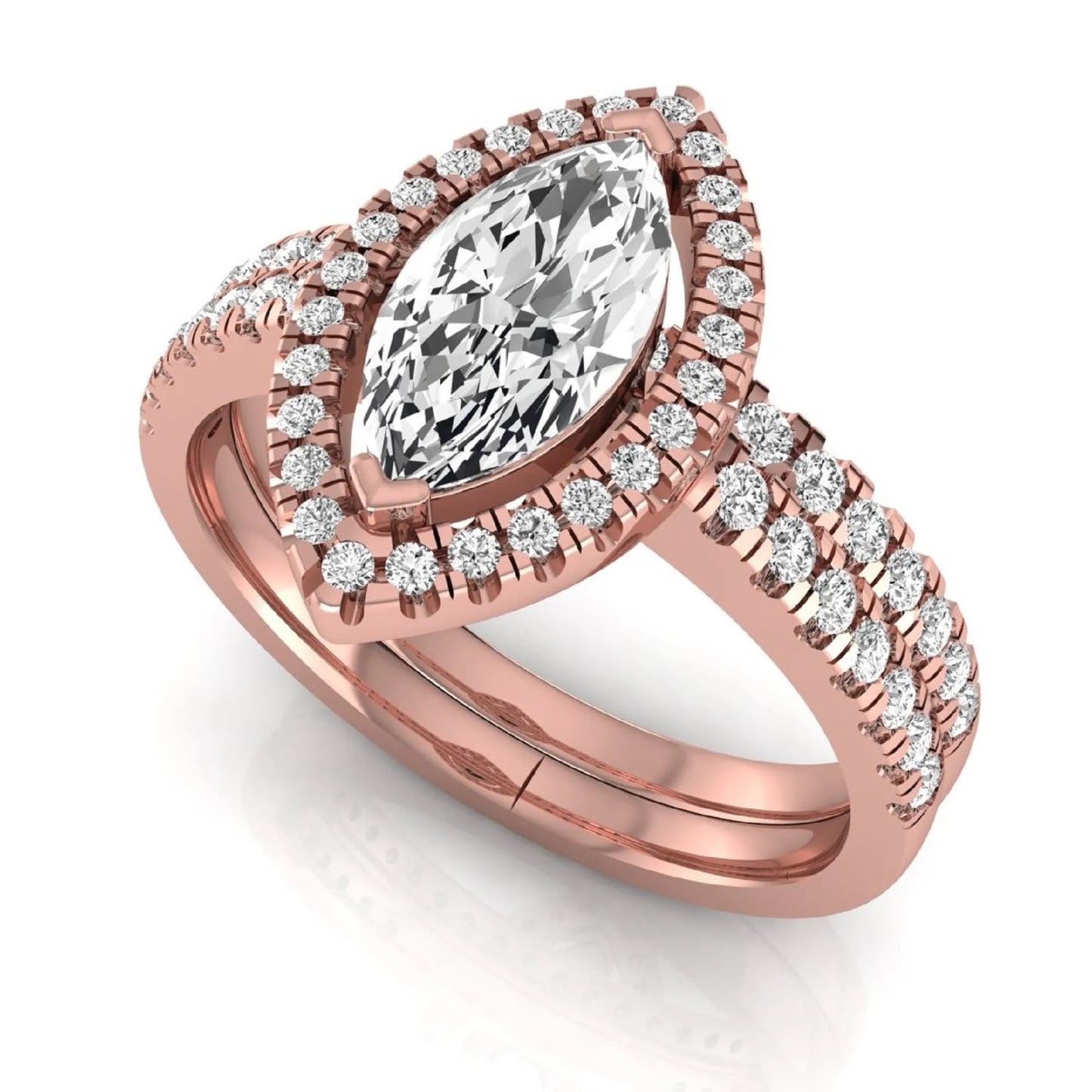 Marquise cut lab grown diamond halo bridal ring set with round diamond pavé band in rose gold design.