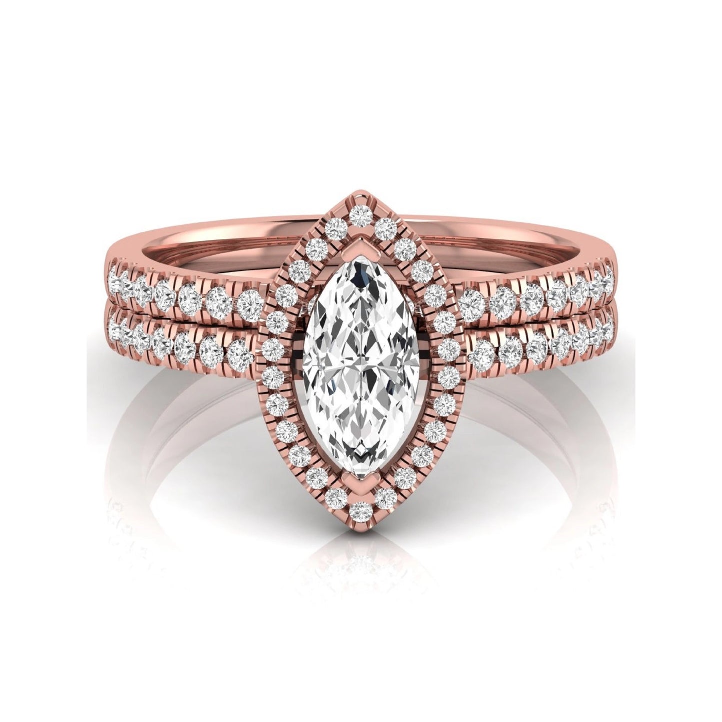 Marquise cut lab grown diamond halo bridal ring set with round diamond pavé band in rose gold design.