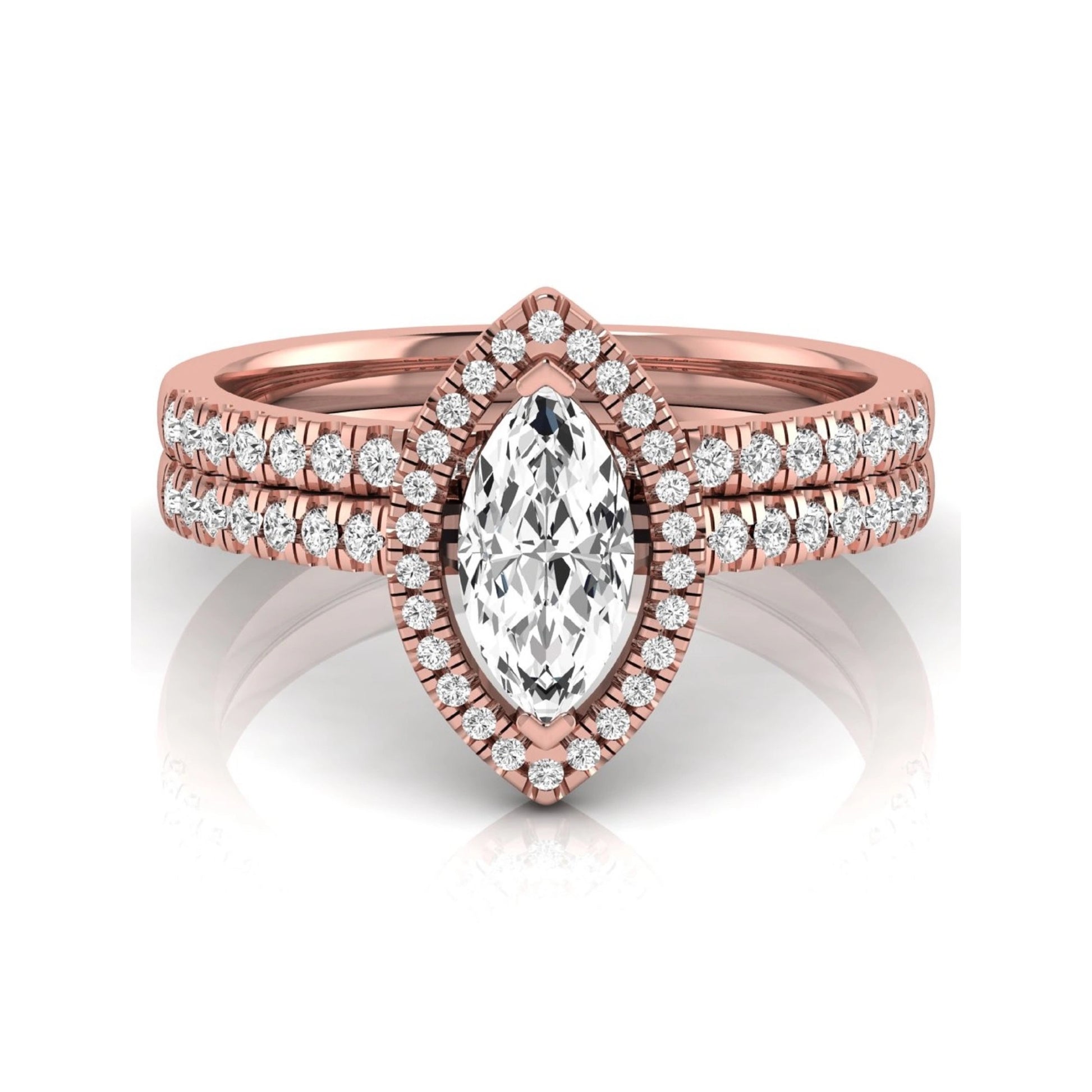 Marquise cut lab grown diamond halo bridal ring set with round diamond pavé band in rose gold design.