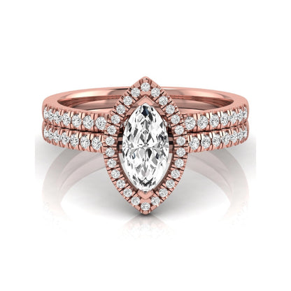 Marquise cut lab grown diamond halo bridal ring set with round diamond pavé band in rose gold design.