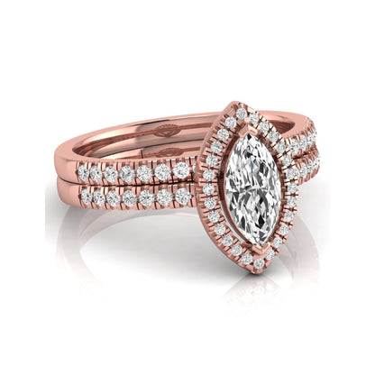 Marquise cut lab grown diamond halo bridal ring set with round diamond pavé band in rose gold design.