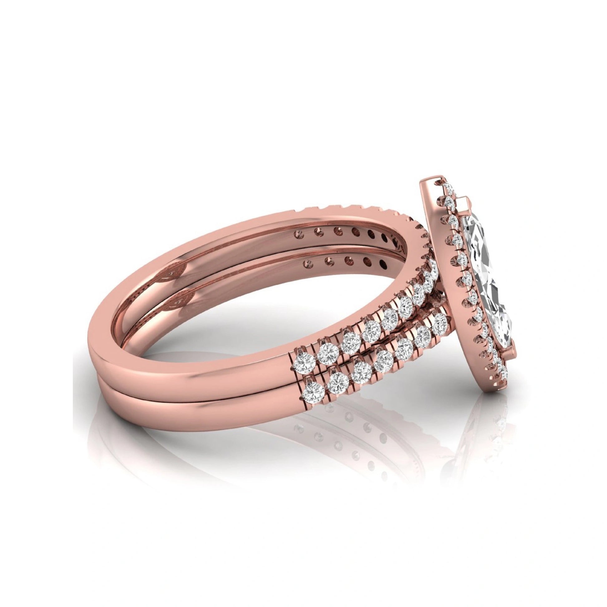 Marquise cut lab grown diamond halo bridal ring set with round diamond pavé band in rose gold design.