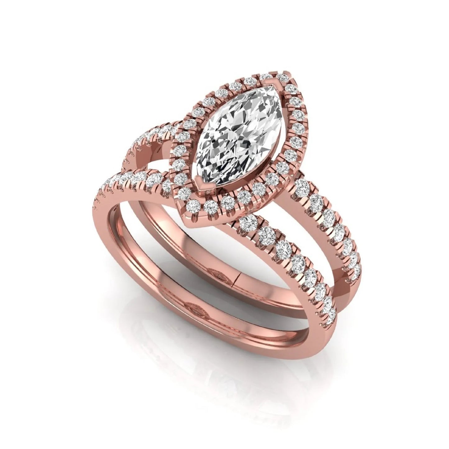 Marquise cut lab grown diamond halo bridal ring set with round diamond pavé band in rose gold design.