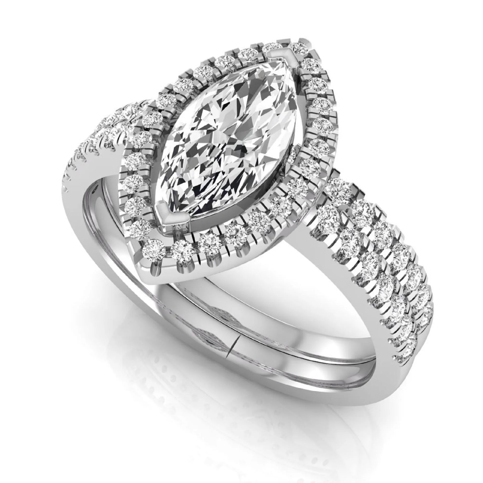 Marquise cut lab grown diamond halo bridal ring set with round diamond pavé band in white gold design.