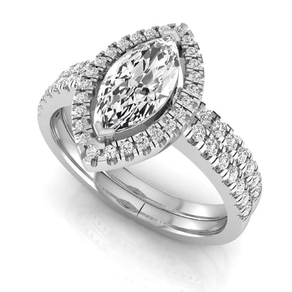 Marquise cut lab grown diamond halo bridal ring set with round diamond pavé band in white gold design.