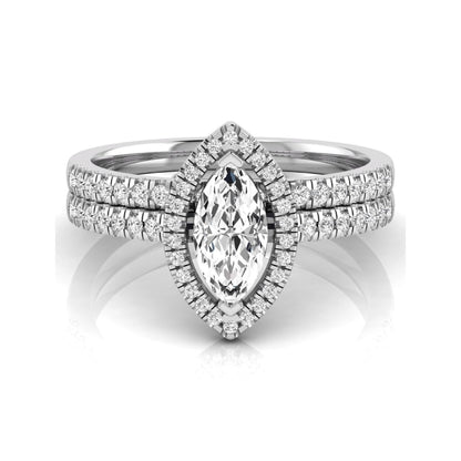 Marquise cut lab grown diamond halo bridal ring set with round diamond pavé band in white gold design.