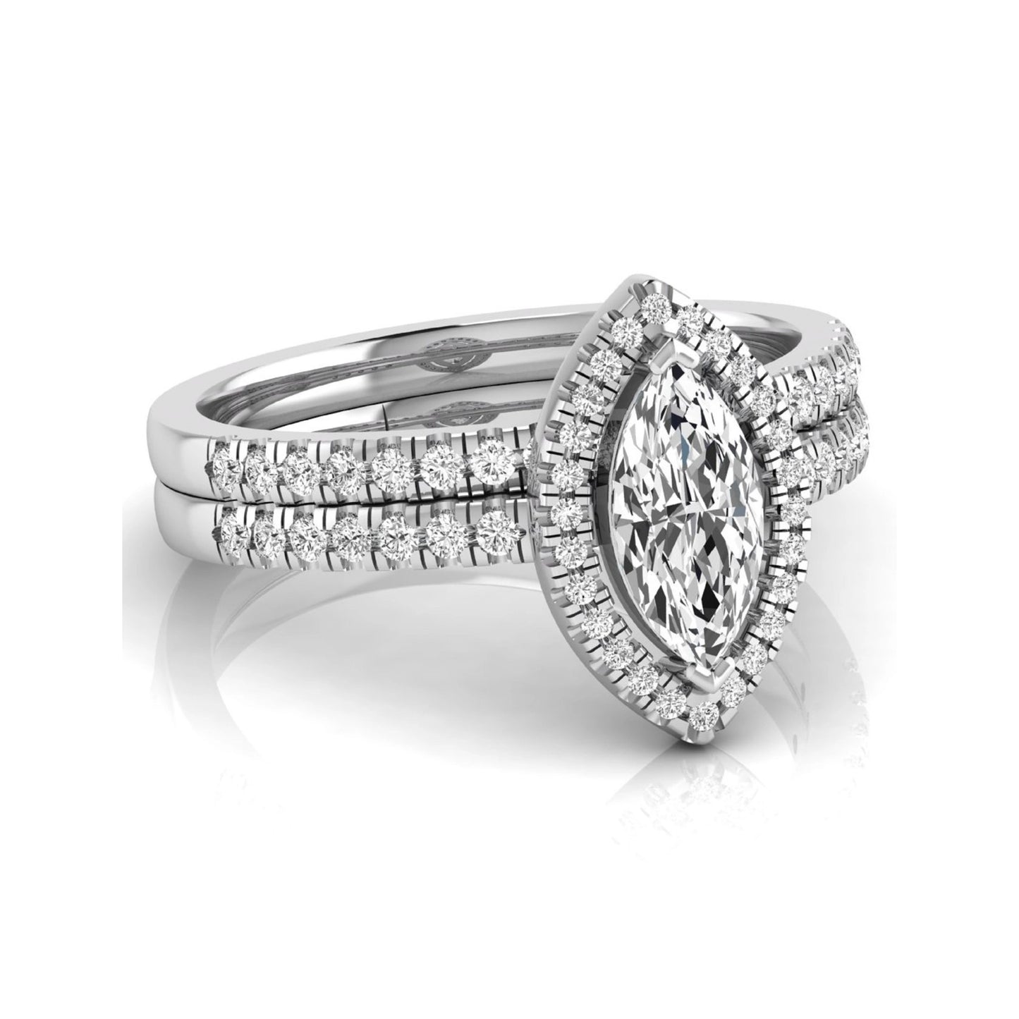 Marquise cut lab grown diamond halo bridal ring set with round diamond pavé band in white gold design.