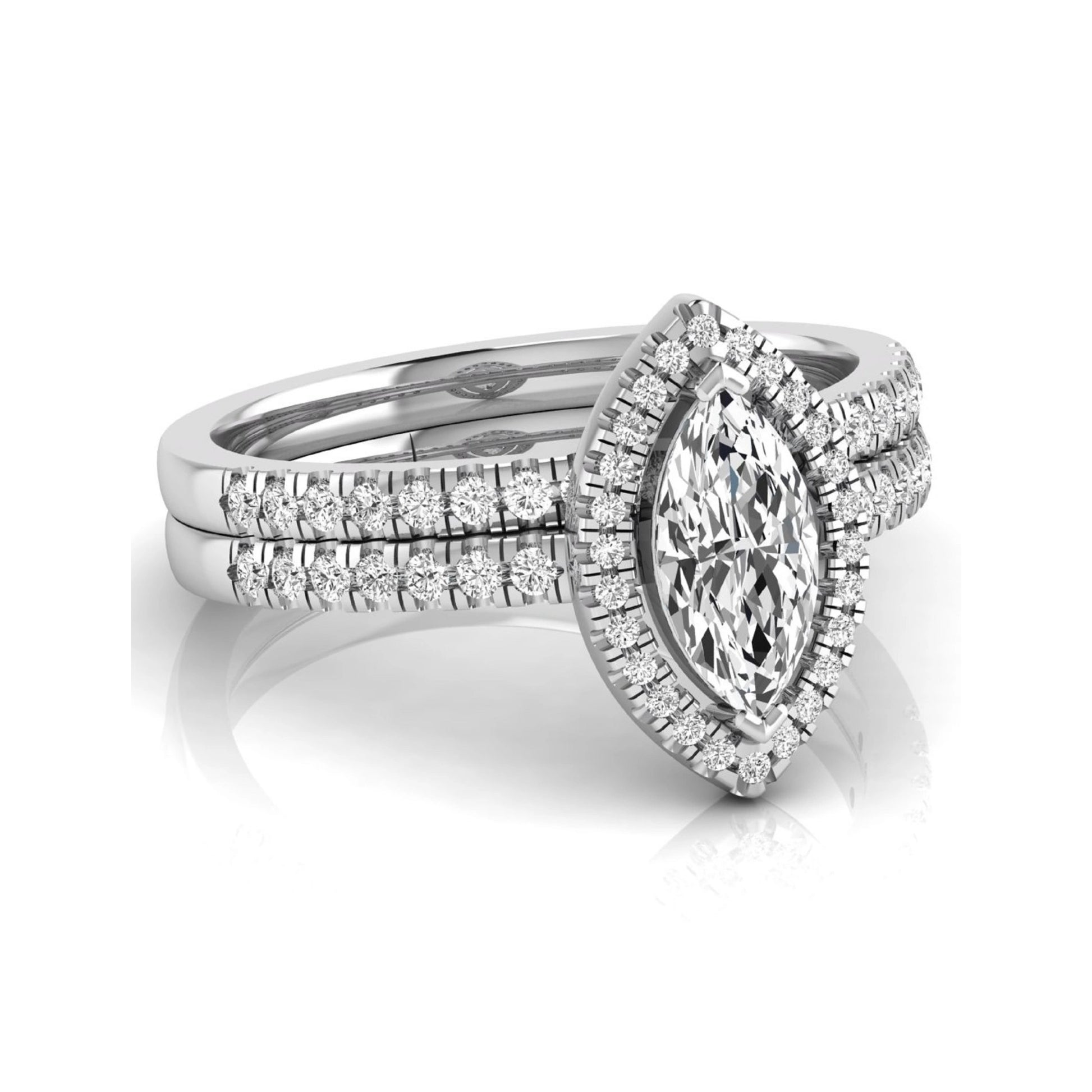 Marquise cut lab grown diamond halo bridal ring set with round diamond pavé band in white gold design.