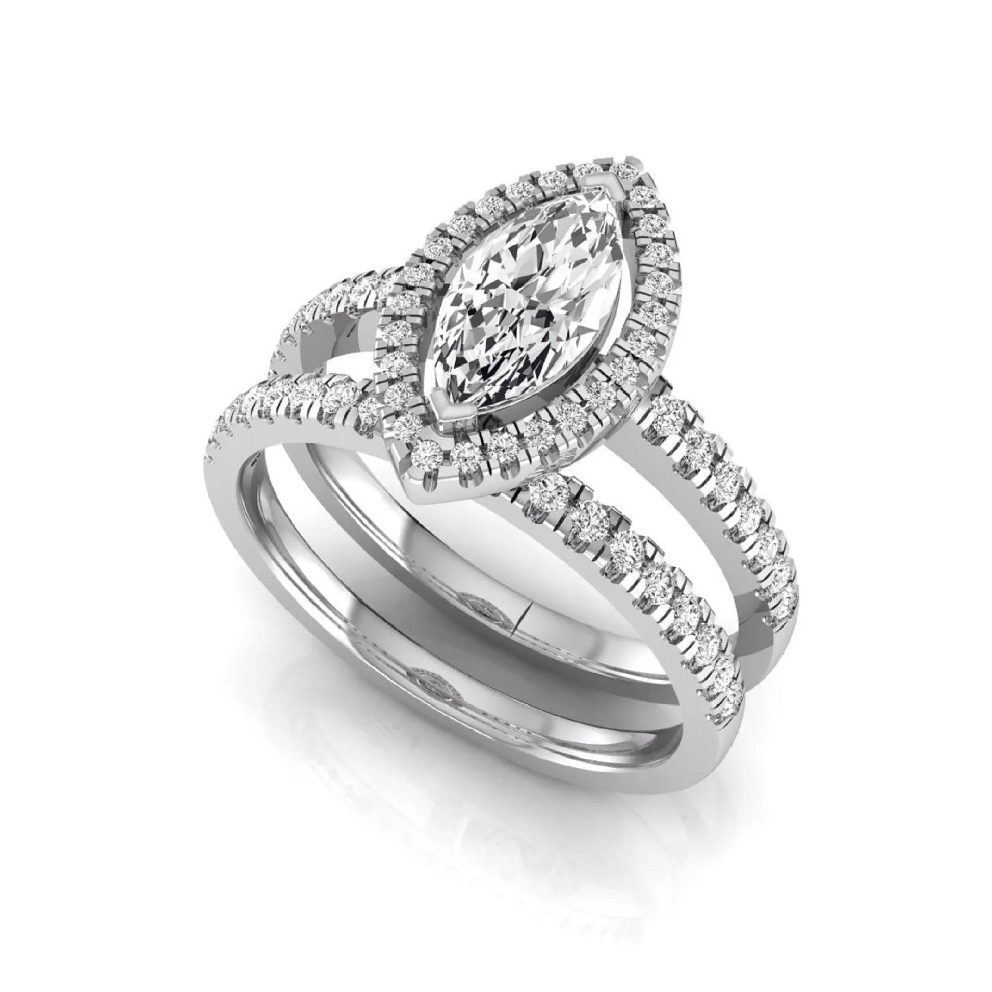 Marquise cut lab grown diamond halo bridal ring set with round diamond pavé band in white gold design.