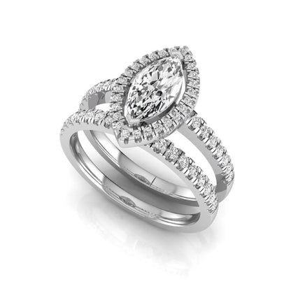 Marquise cut lab grown diamond halo bridal ring set with round diamond pavé band in white gold design.
