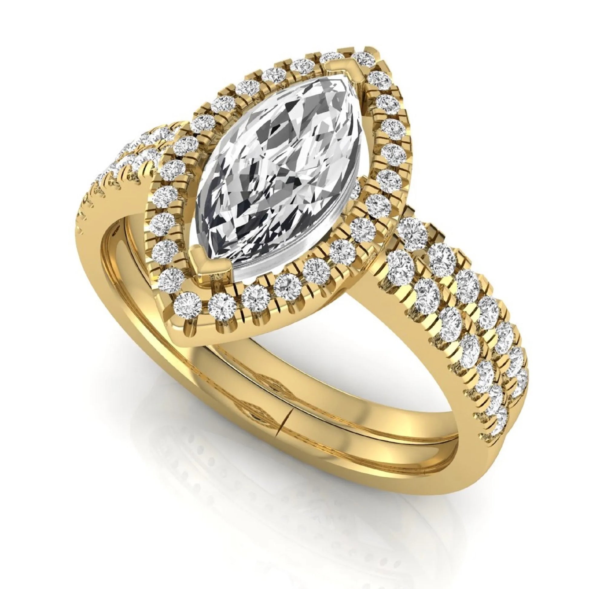 Marquise cut lab grown diamond halo bridal ring set with round diamond pavé band in yellow gold design.