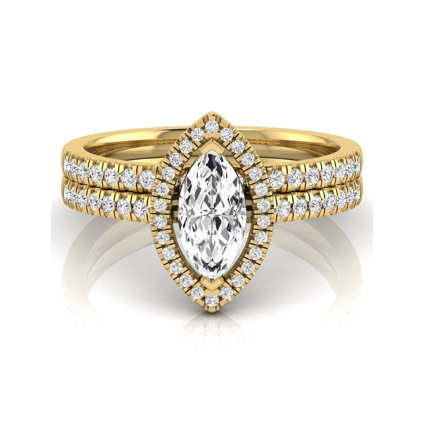 Marquise cut lab grown diamond halo bridal ring set with round diamond pavé band in yellow gold design.
