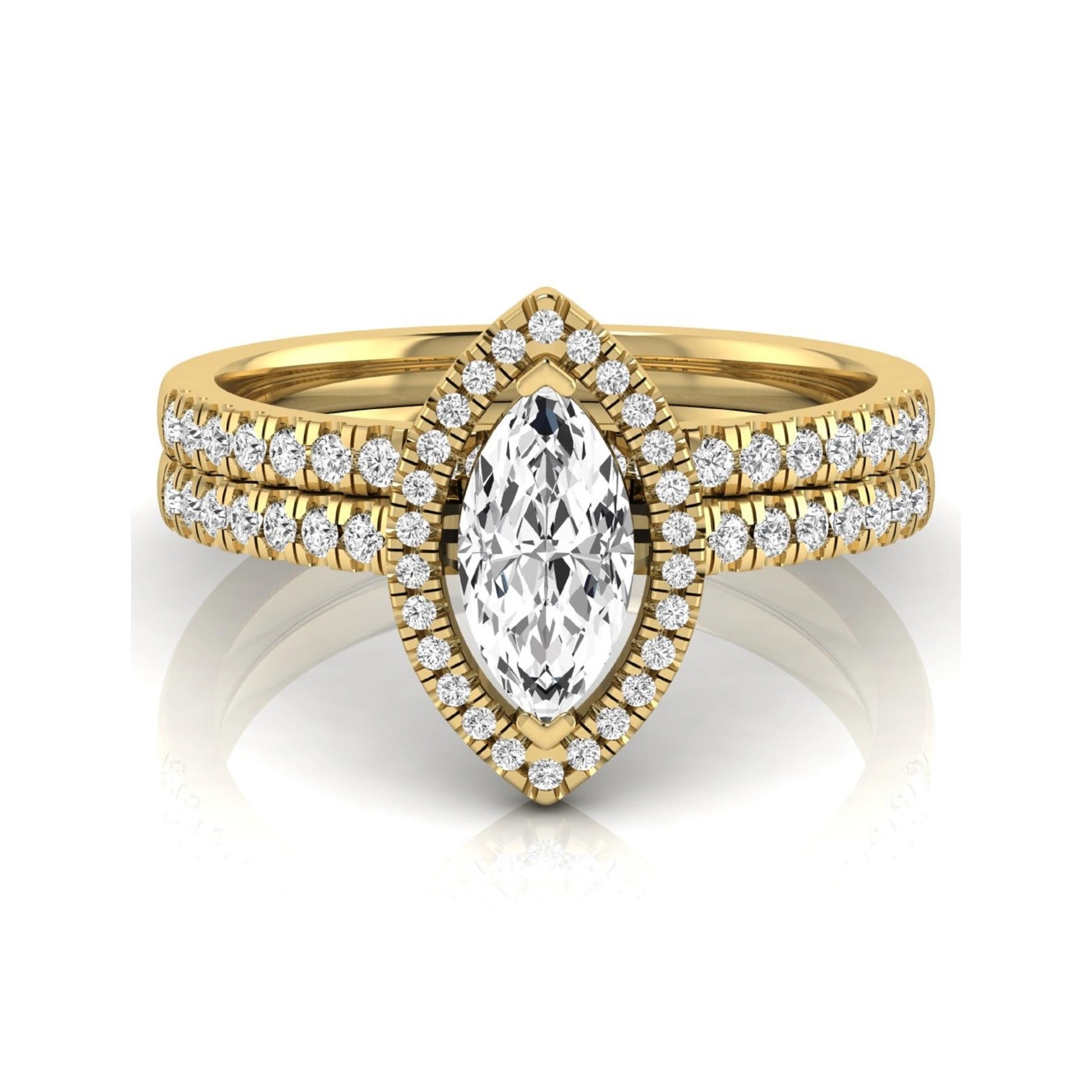 Marquise cut lab grown diamond halo bridal ring set with round diamond pavé band in yellow gold design.