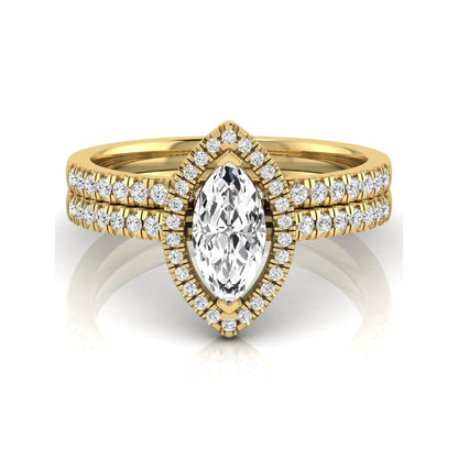 Marquise cut lab grown diamond halo bridal ring set with round diamond pavé band in yellow gold design.
