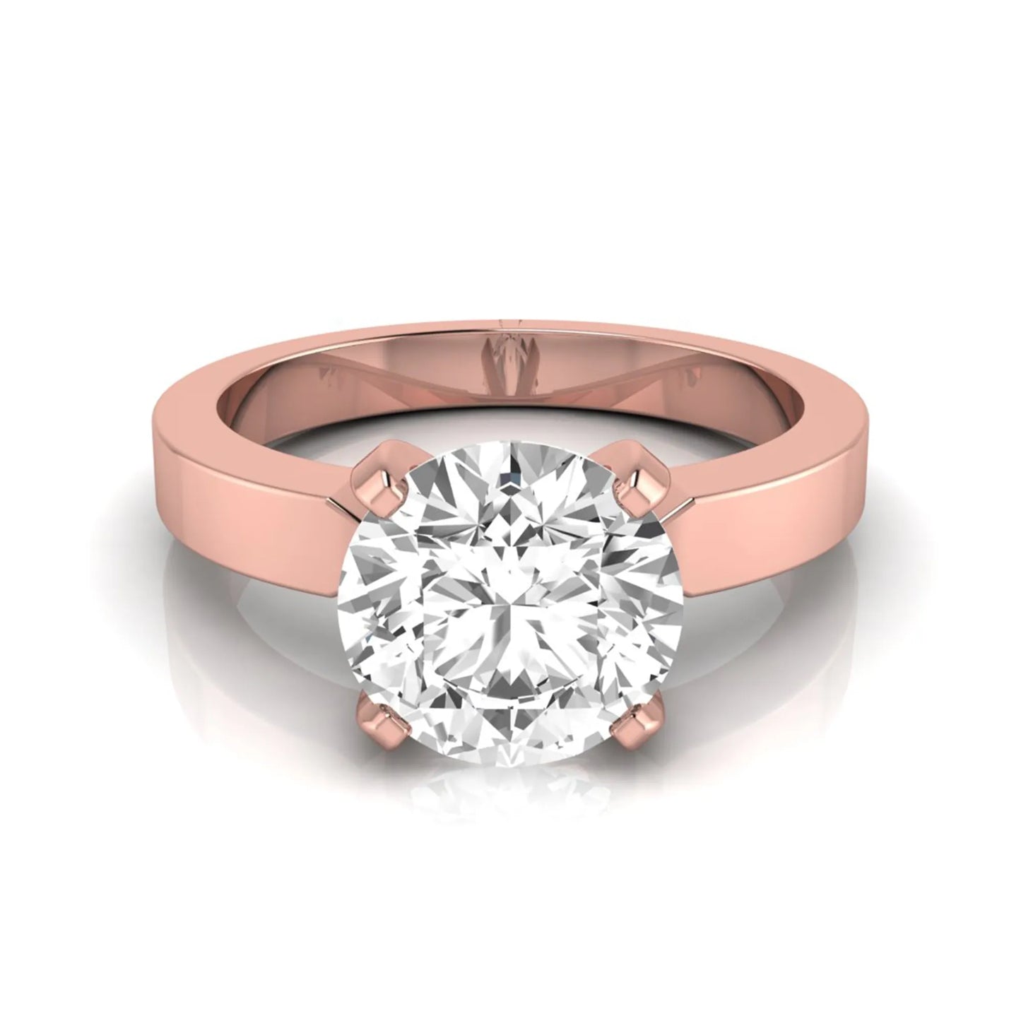 Round brilliant lab grown diamond solitaire engagement ring featuring a 2.75 carat diamond in a classic four-prong rose gold setting.
