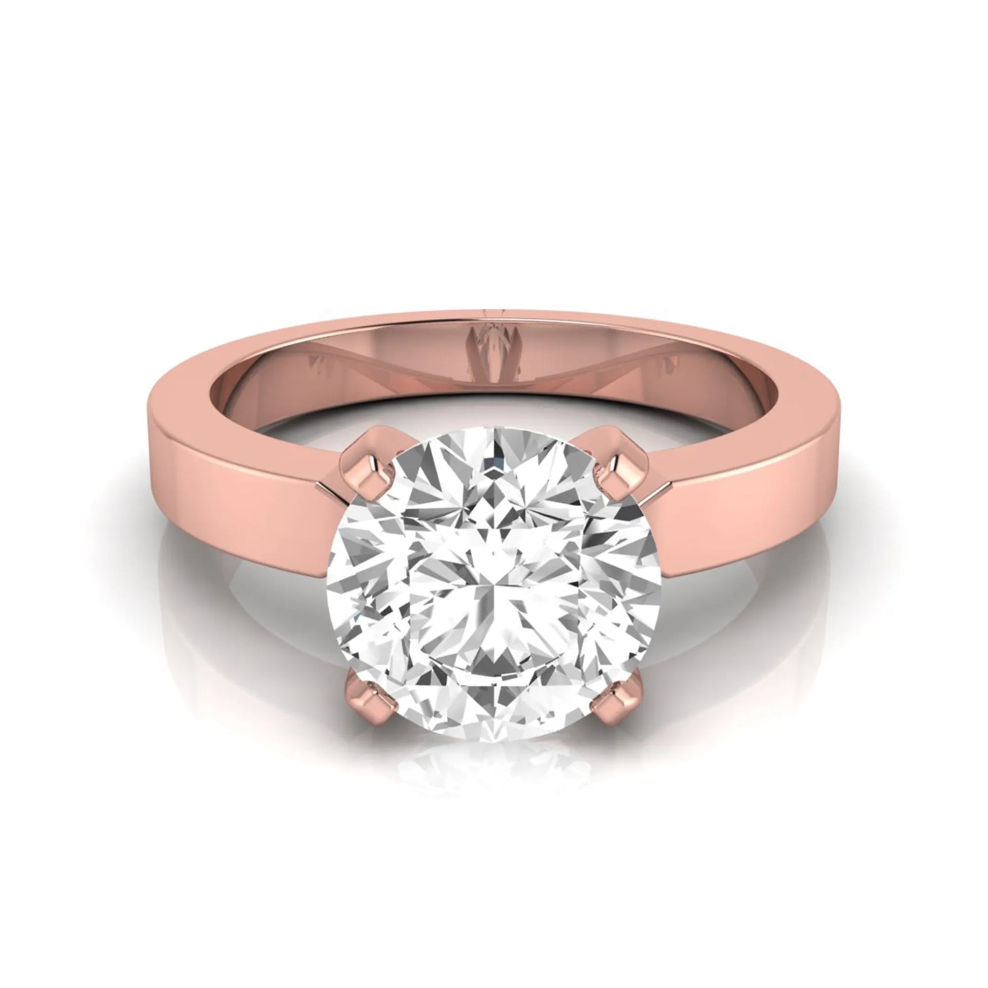 Round brilliant lab grown diamond solitaire engagement ring featuring a 2.75 carat diamond in a classic four-prong rose gold setting.