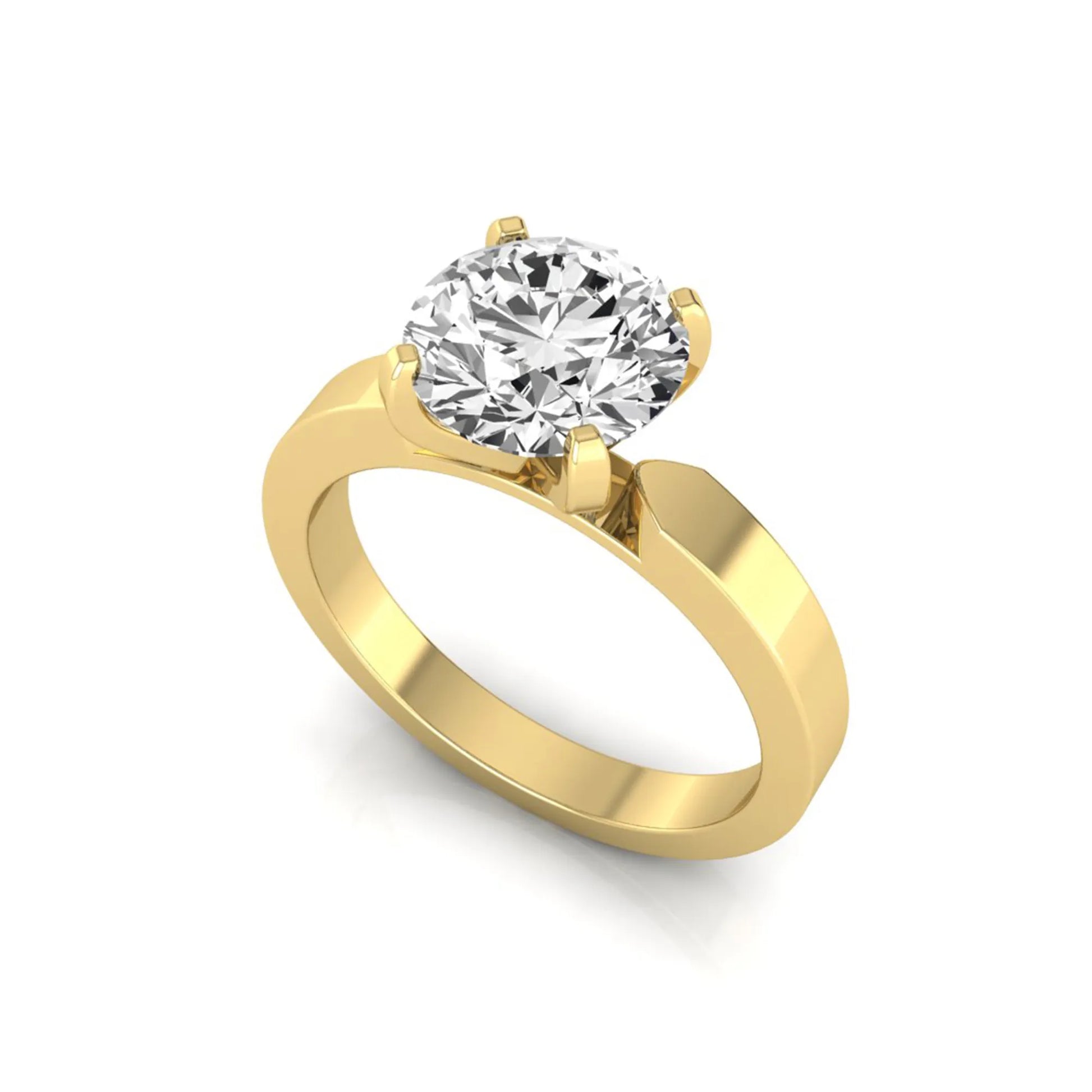 Round brilliant lab grown diamond solitaire engagement ring featuring a 2.75 carat diamond in a classic four-prong yellow gold setting.