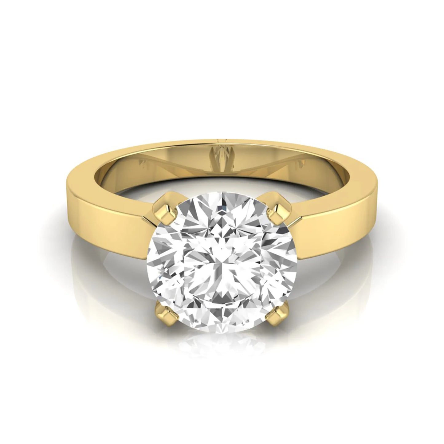 Round brilliant lab grown diamond solitaire engagement ring featuring a 2.75 carat diamond in a classic four-prong yellow gold setting.