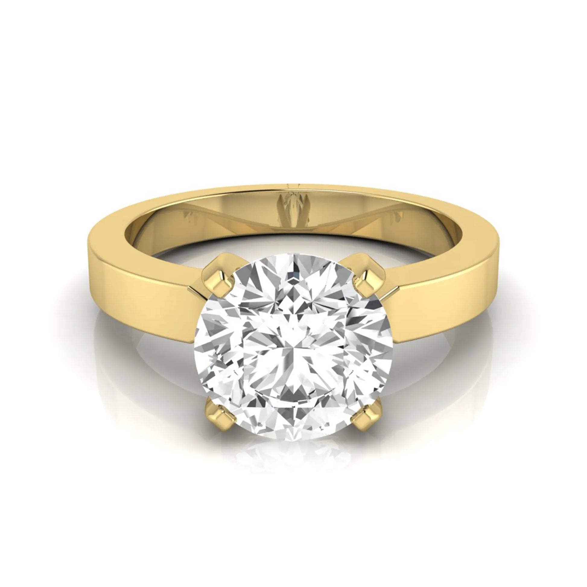 Round brilliant lab grown diamond solitaire engagement ring featuring a 2.75 carat diamond in a classic four-prong yellow gold setting.