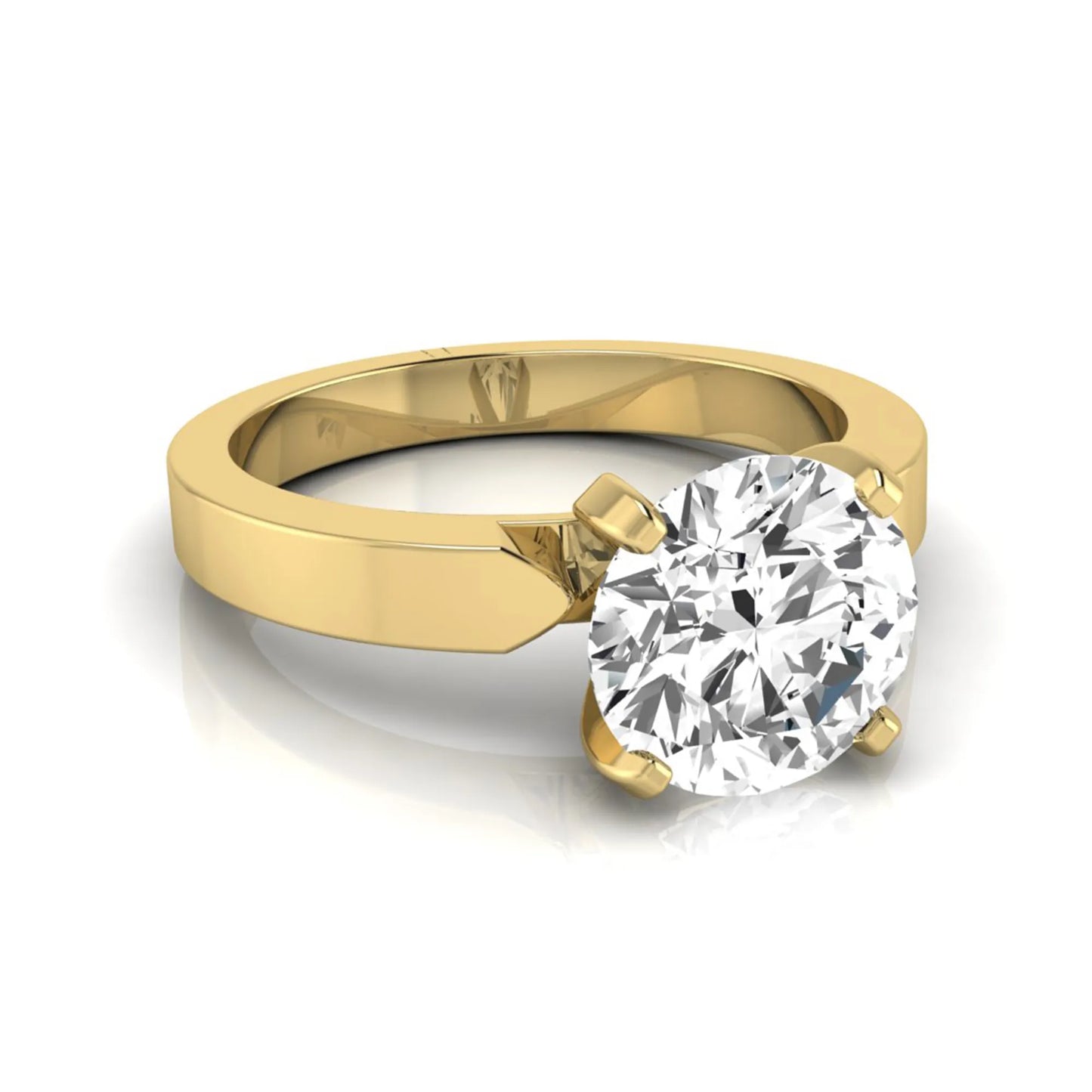 Round brilliant lab grown diamond solitaire engagement ring featuring a 2.75 carat diamond in a classic four-prong yellow gold setting.