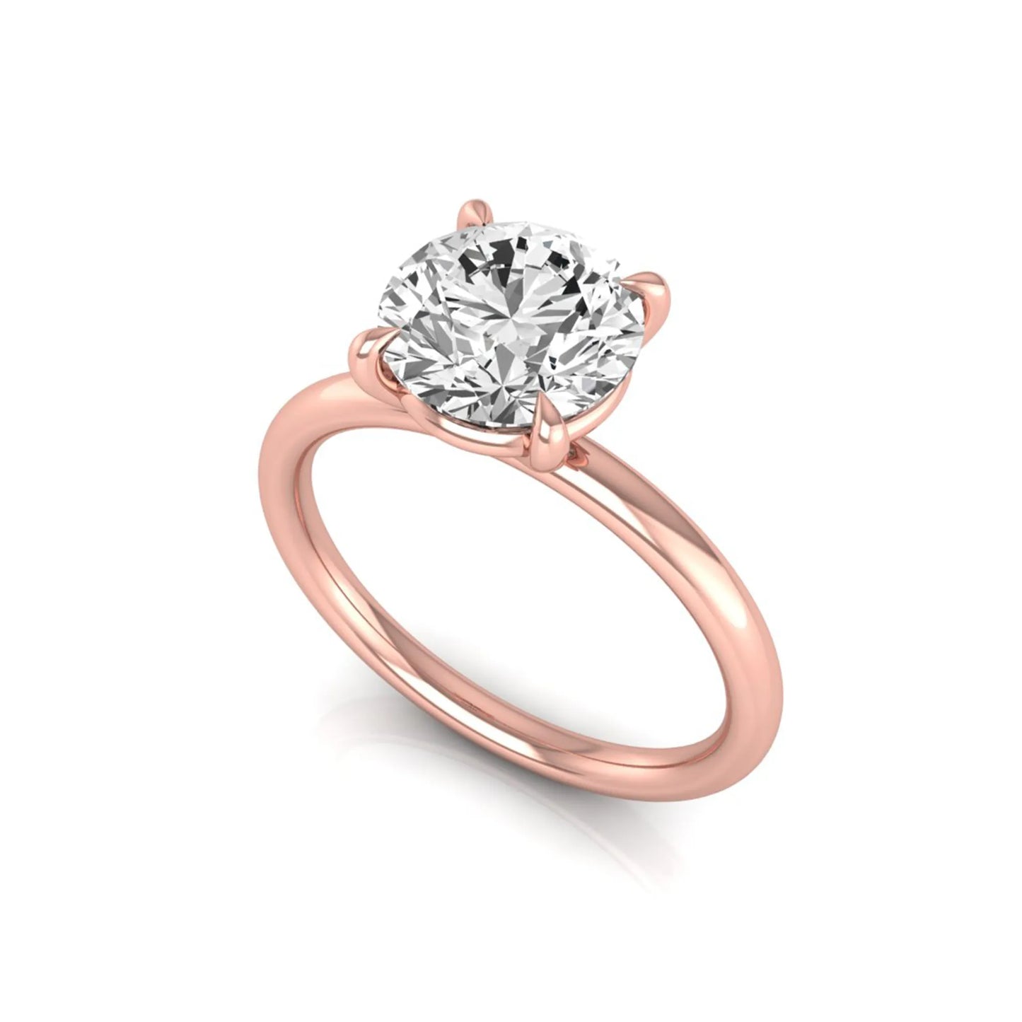 Round cut lab grown diamond engagement ring featuring a 2.04 carat center diamond in a classic four-prong solitaire setting with a polished rose gold band.