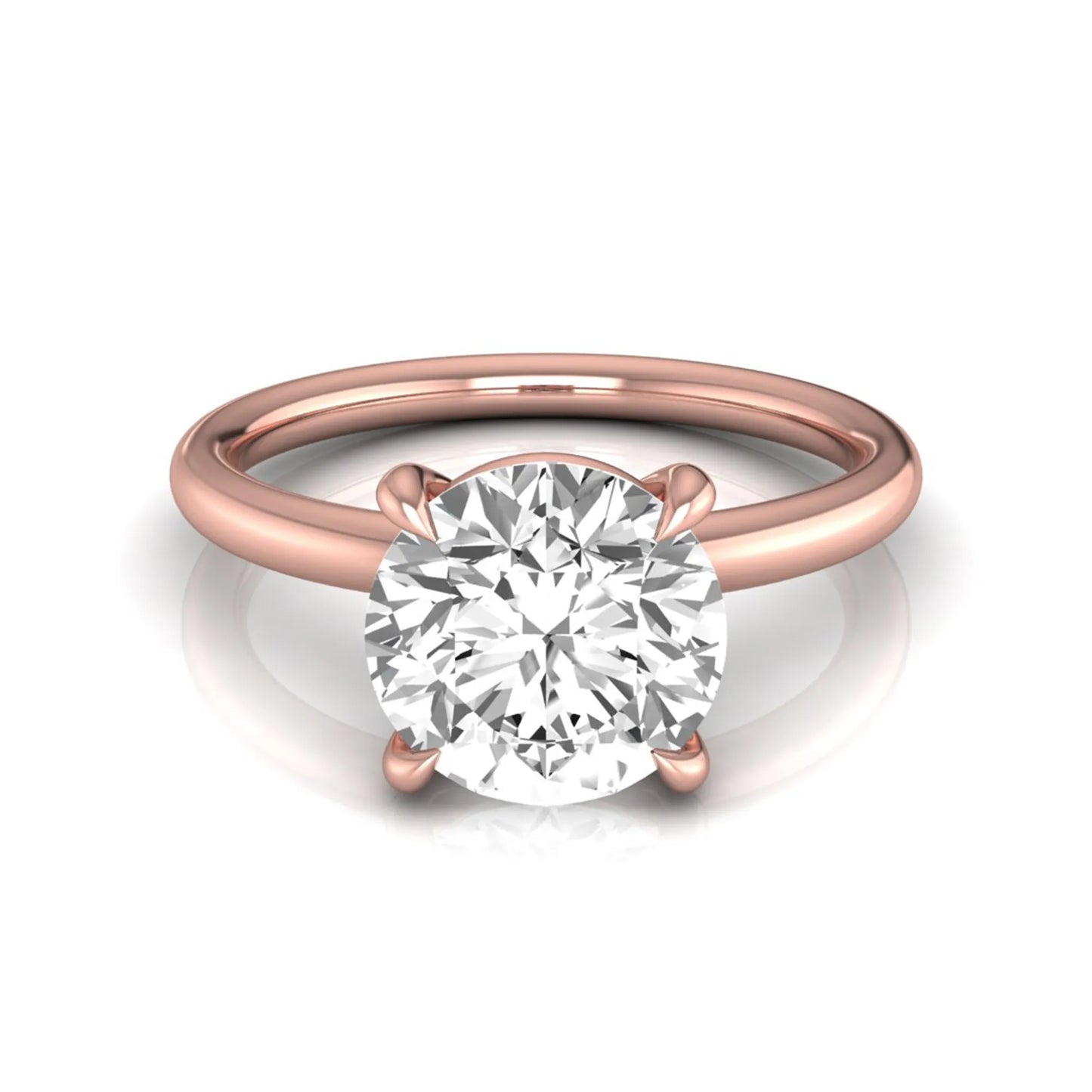 Round cut lab grown diamond engagement ring featuring a 2.04 carat center diamond in a classic four-prong solitaire setting with a polished rose gold band.