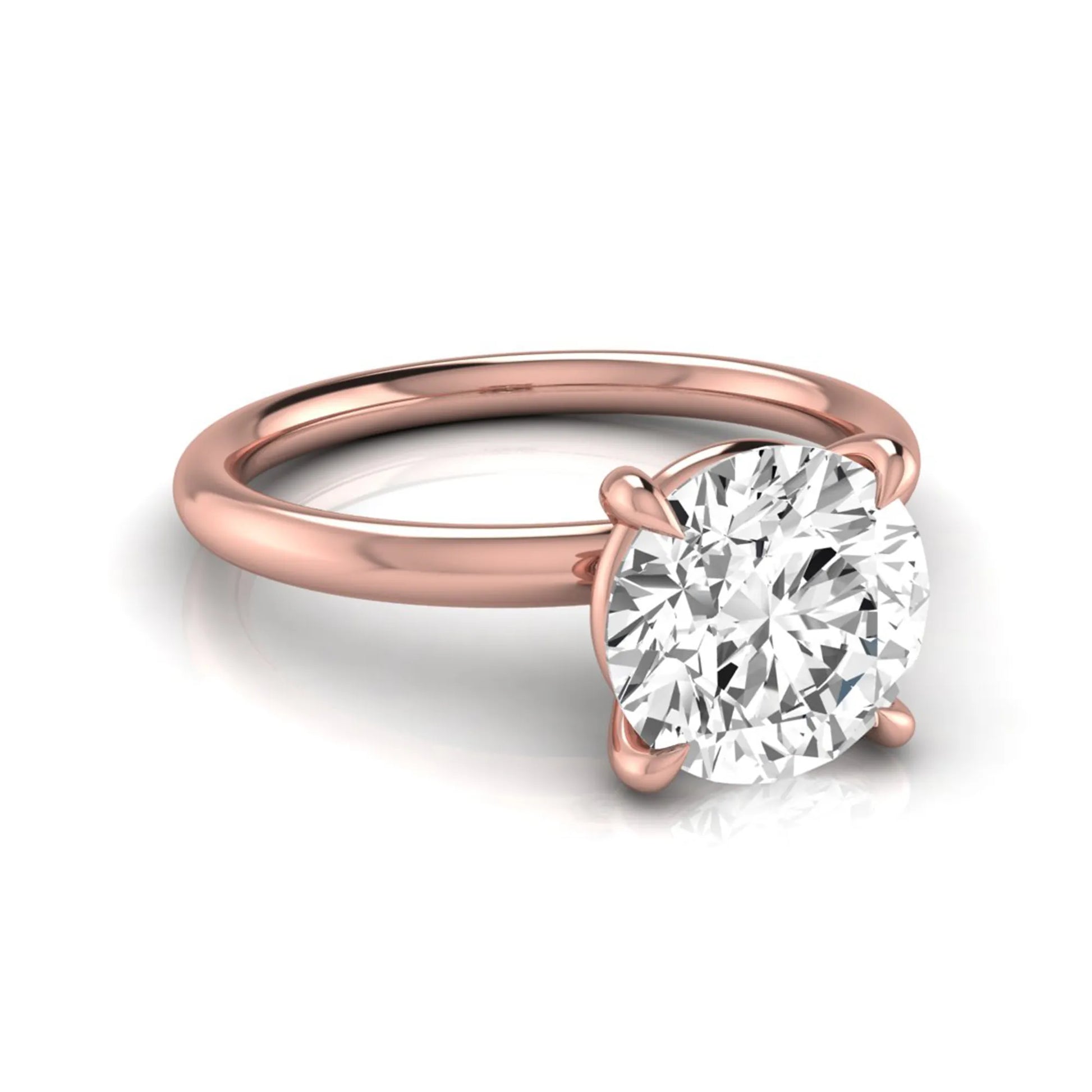 Round cut lab grown diamond engagement ring featuring a 2.04 carat center diamond in a classic four-prong solitaire setting with a polished rose gold band.