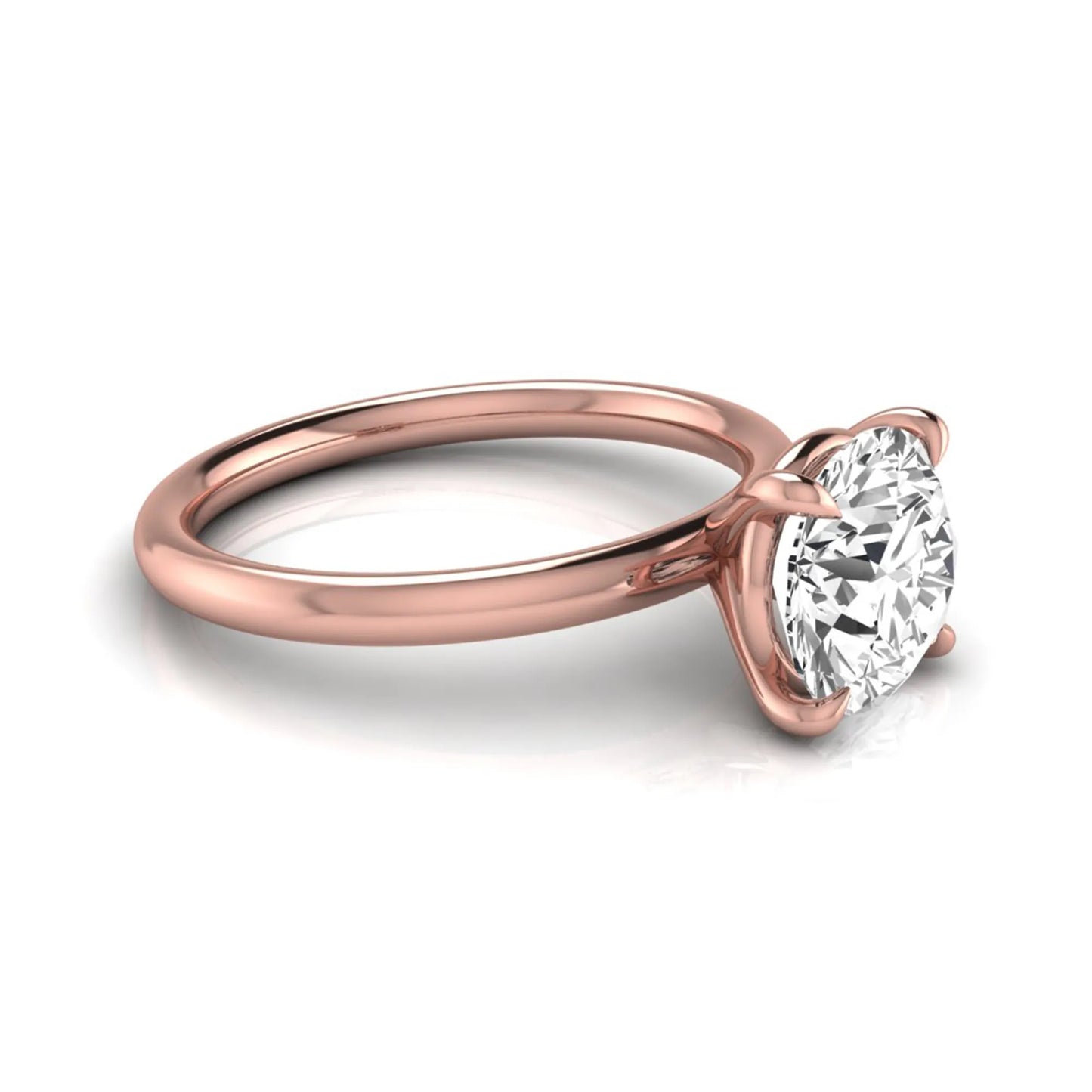 Round cut lab grown diamond engagement ring featuring a 2.04 carat center diamond in a classic four-prong solitaire setting with a polished rose gold band.