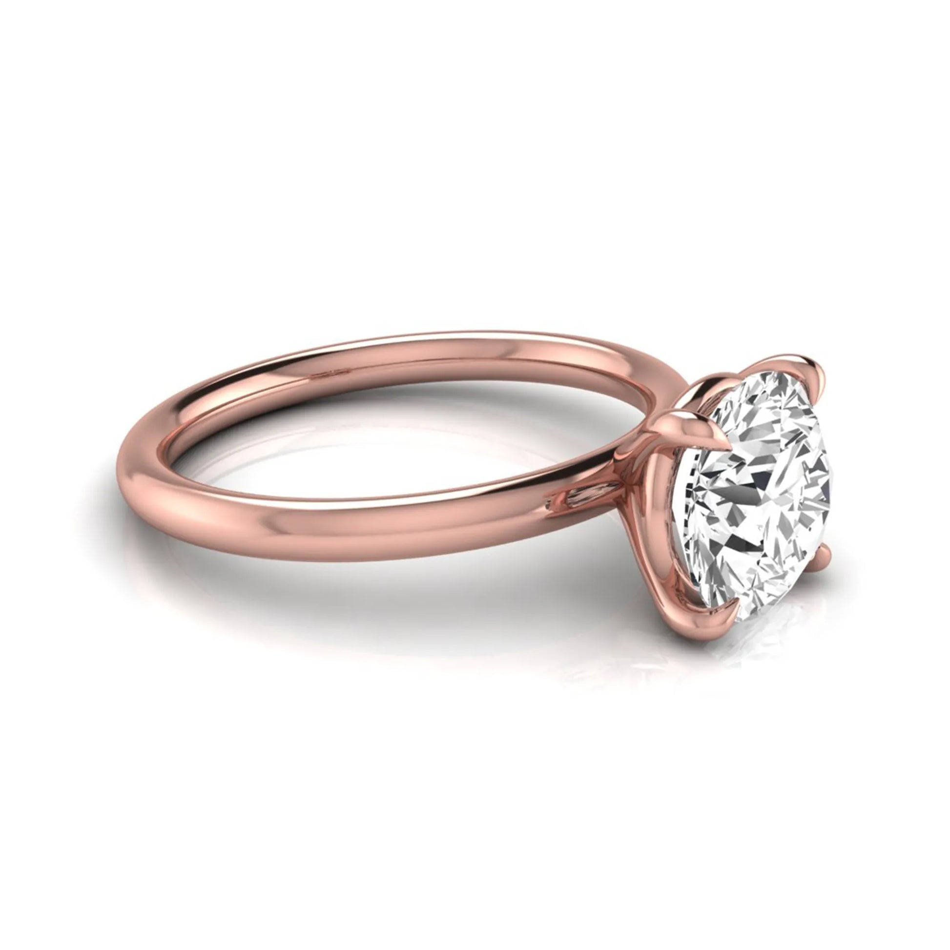 Round cut lab grown diamond engagement ring featuring a 2.04 carat center diamond in a classic four-prong solitaire setting with a polished rose gold band.