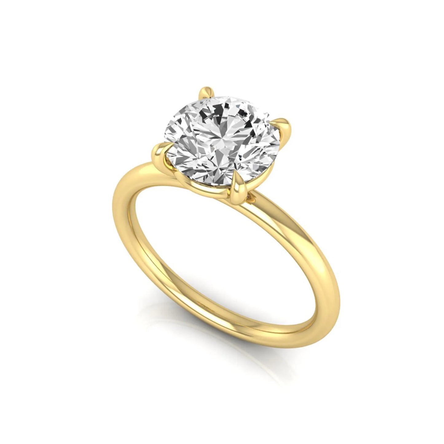 Round cut lab grown diamond engagement ring featuring a 2.04 carat center diamond in a classic four-prong solitaire setting with a polished yellow gold band.