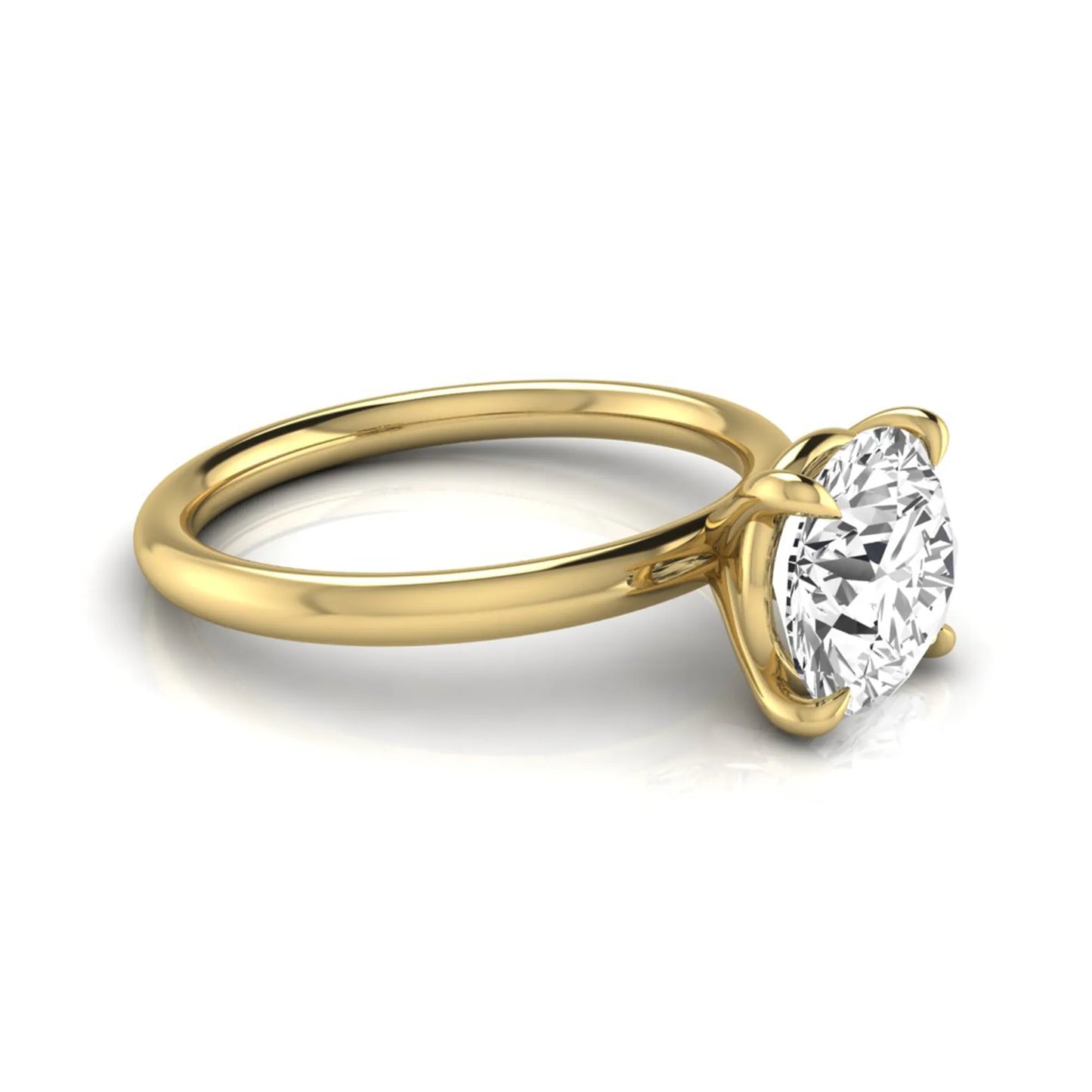 Round cut lab grown diamond engagement ring featuring a 2.04 carat center diamond in a classic four-prong solitaire setting with a polished yellow gold band.