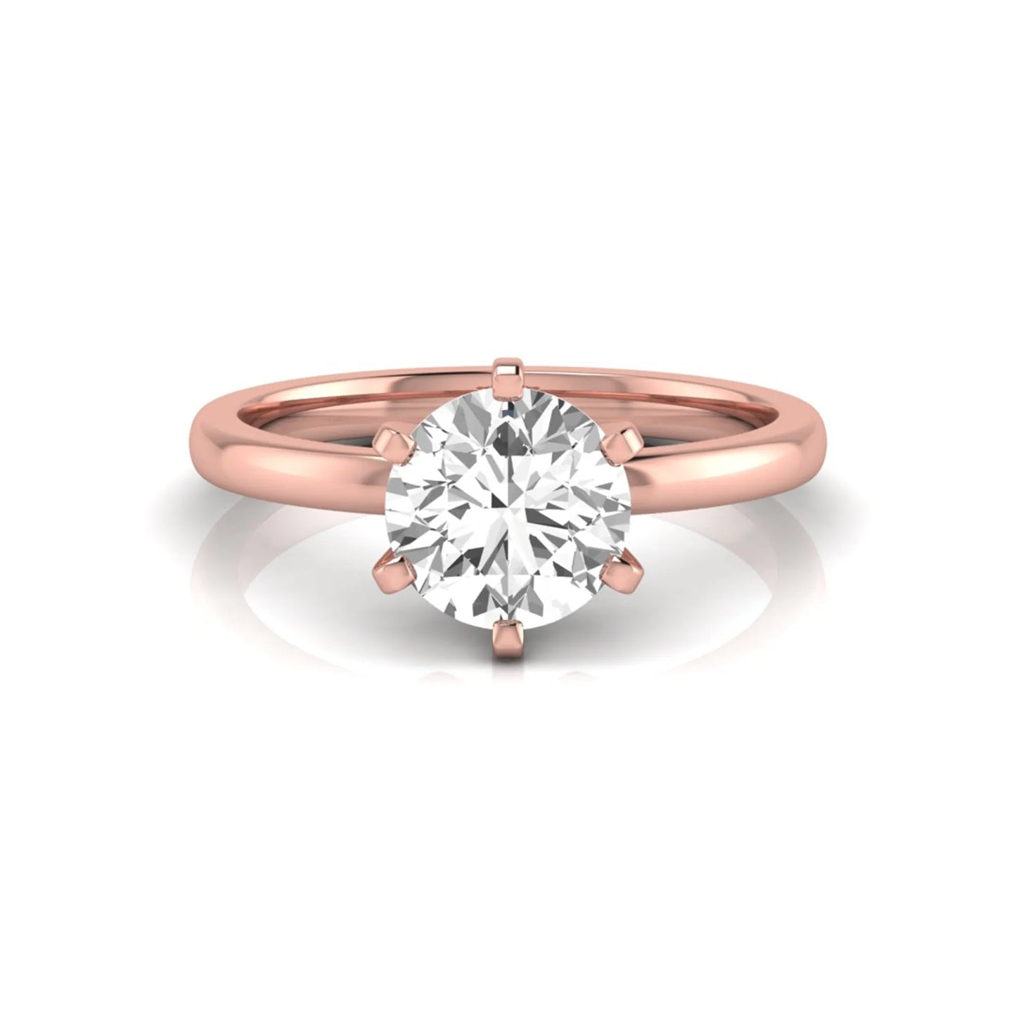 Round cut lab grown diamond solitaire engagement ring with six prong setting and rose gold metal tone.