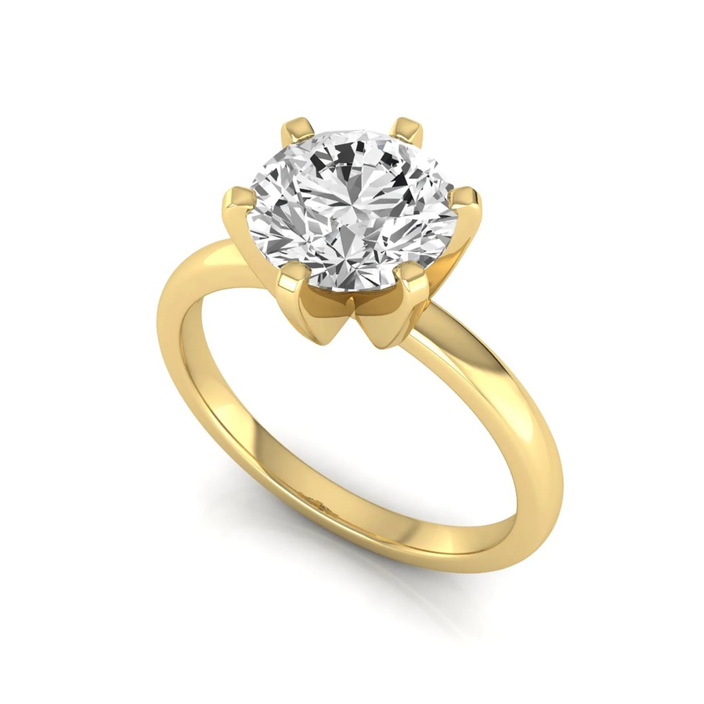 Round cut lab grown diamond solitaire engagement ring with six prong setting and yellow gold metal tone.
