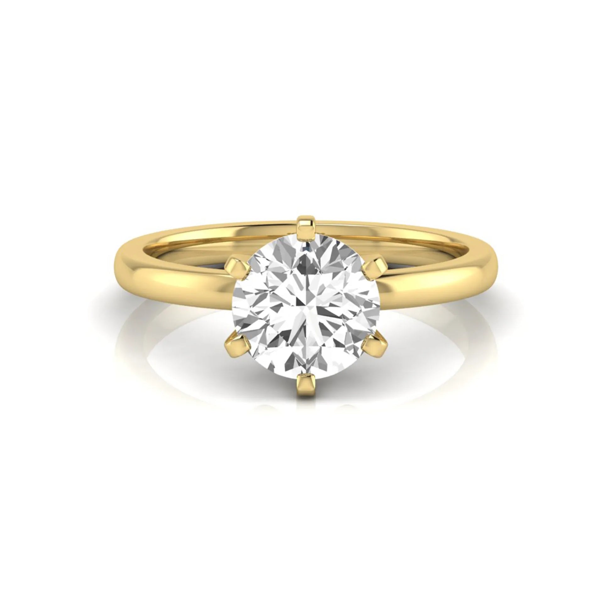 Round cut lab grown diamond solitaire engagement ring with six prong setting and yellow gold metal tone.